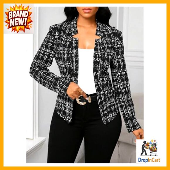 Plaid Tweed Blazer Elegant Open Front Long Sleeve Business Work Suit Jacket - Picture 4 of 5